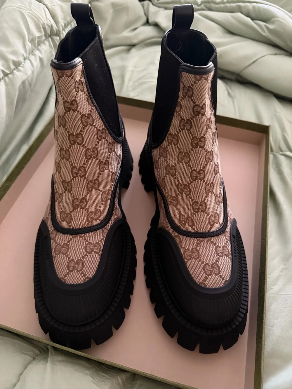 Gucci Beige GG Canvas Chelsea Lug Boots with Black Trim
